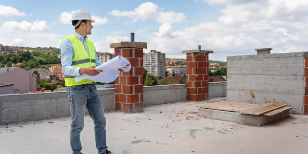 Construction worker in safety vest and helmet holding blueprints on a rooftop with chimneys.