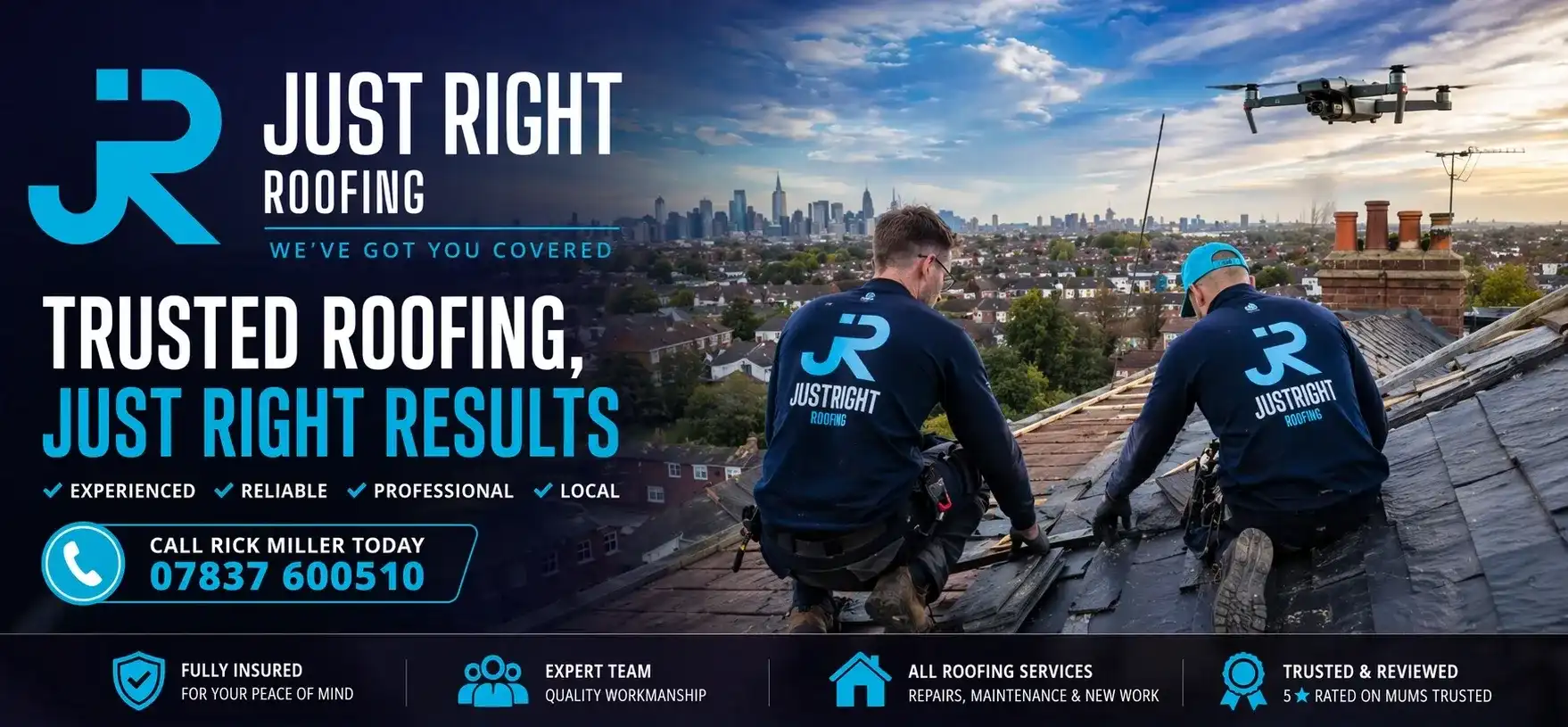 Two roofing workers in Just Right Roofing gear on a roof with a city skyline and drone overhead.